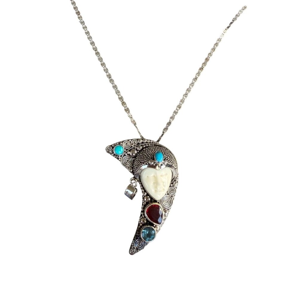 Sterling Silver Pendant NecklaceTurquoise RubyTopaz Accents Handmade In Indonesi